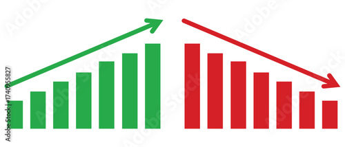 Business investment growth up and down icon. Stock market trend increase and decrease sign. Upward or downward  bar chart, profit and loss statistics. Vector illustration flat design.