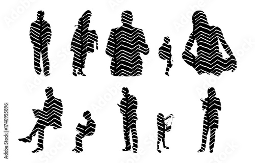 Vector illustration, Outline silhouettes of people, Contour drawing, people silhouette, Icon Set Isolated , Silhouette of sitting people, Architectural set
