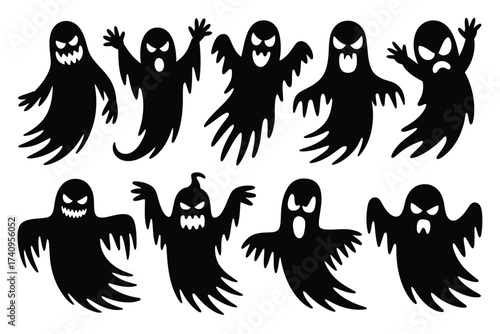 Set of ten spooky halloween ghost silhouettes vector illustration scalable eps icon for decorations and graphics silhouette vector illustration white background