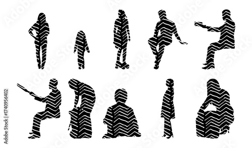 Vector illustration, Outline silhouettes of people, Contour drawing, people silhouette, Icon Set Isolated , Silhouette of sitting people, Architectural set