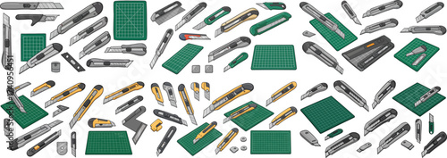 A collection of various cutting tools and mats, showcasing multiple designs and features.