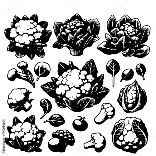 A collection of black and white illustrations of cauliflower heads and spinach leaves in varied styles