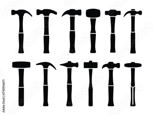 Collection of 12 black silhouettes of assorted hammers vector illustration scalable eps icon silhouette vector illustration white background