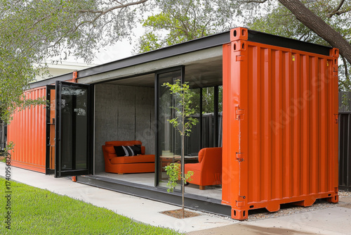 Modern orange shipping container home with a glass front in a green landscape