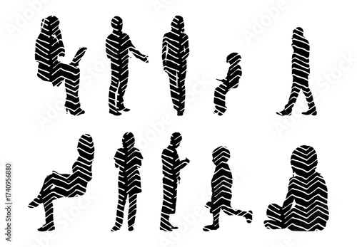 Vector illustration, Outline silhouettes of people, Contour drawing, people silhouette, Icon Set Isolated , Silhouette of sitting people, Architectural set