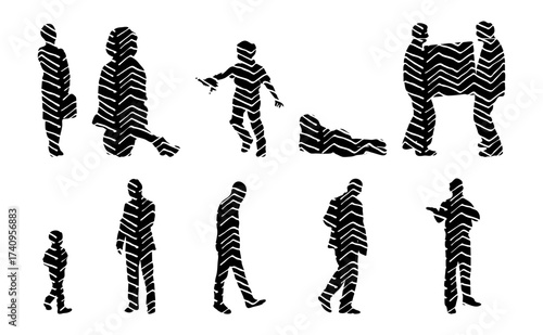 Vector illustration, Outline silhouettes of people, Contour drawing, people silhouette, Icon Set Isolated , Silhouette of sitting people, Architectural set