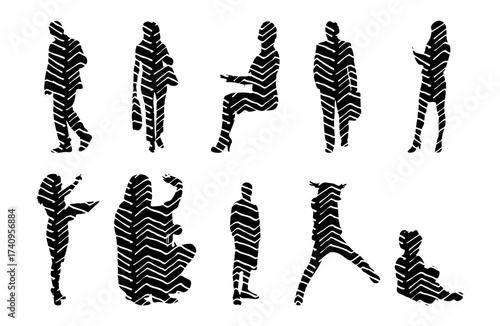Vector illustration, Outline silhouettes of people, Contour drawing, people silhouette, Icon Set Isolated , Silhouette of sitting people, Architectural set