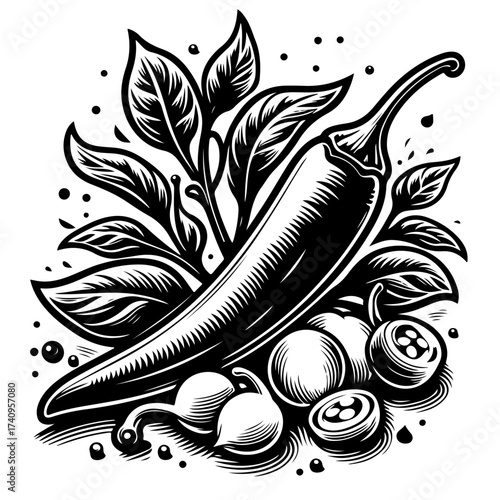 Black and white illustration of a chili pepper with leaves and small round vegetables displayed nicely