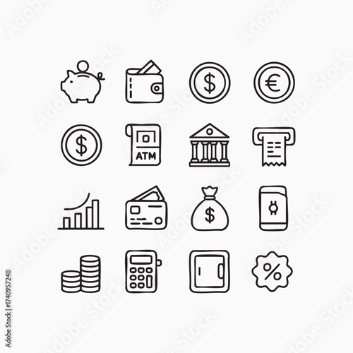 Set of finance and banking icons simple line art vector symbols for business and app design isolated on white background