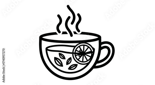 Cup of tea with lemon and herbs hot drink steam vector illustration.