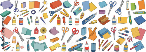 Colorful collection of stationery supplies including scissors, glue, and paper for crafting.