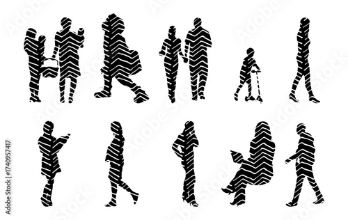 Vector illustration, Outline silhouettes of people, Contour drawing, people silhouette, Icon Set Isolated , Silhouette of sitting people, Architectural set