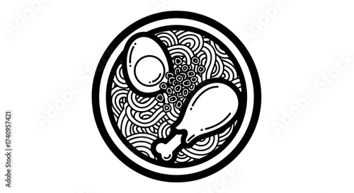 Delicious bowl of ramen with egg and chicken leg tasty food illustration.