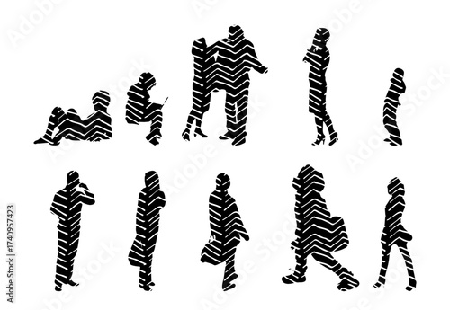 Vector illustration, Outline silhouettes of people, Contour drawing, people silhouette, Icon Set Isolated , Silhouette of sitting people, Architectural set