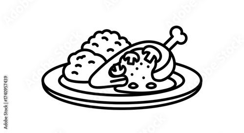Delicious chicken leg with mushroom sauce and mashed potatoes on a plate.