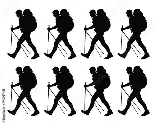 Set of eight black silhouette illustrations of a hiker with backpack and poles vector graphics silhouette vector illustration white background