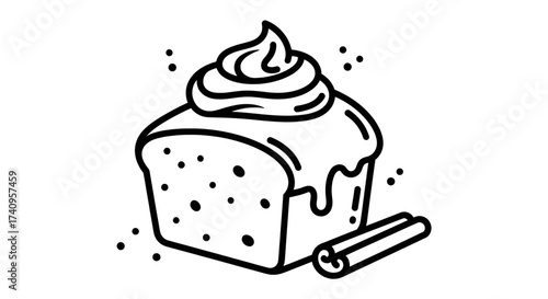 Delicious cinnamon roll cake with cream and cinnamon sticks.