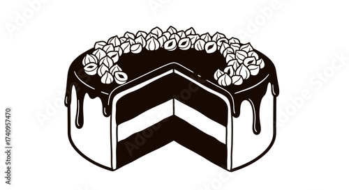 Delicious chocolate cake with nuts and a slice cut out.