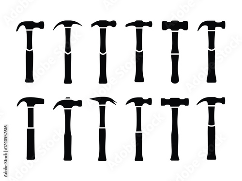 Collection of 12 black hammer silhouettes vector illustration scalable eps icon set tools crafting silhouette vector illustration white background