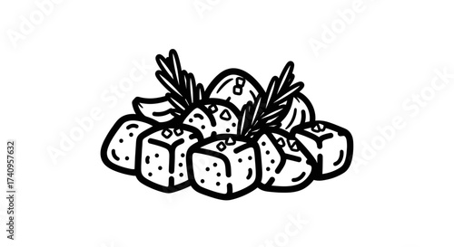 Delicious food arrangement with herbs and various shapes.