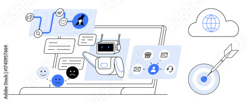 Robot responding to chat bubbles, emotion feedback, laptop, interconnected cloud, and target symbol. Ideal for technology, automation, communication, customer service digital marketing AI concepts