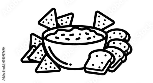 Delicious food illustration of a bowl of dip with chips and bread slices.