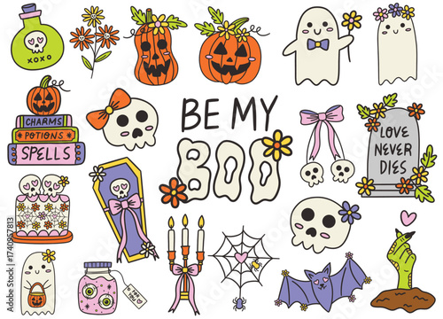 Spooky and romantic Halloween elements. Hand drawn flat vector illustrations of groovy ghosts, cute skulls, floral pumpkins and more.