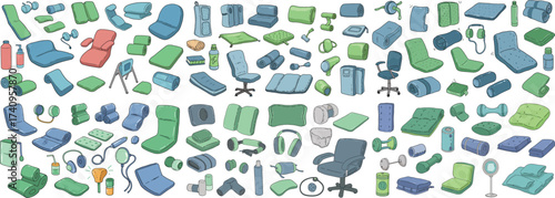A colorful assortment of various furniture and fitness items in a playful, hand-drawn style.