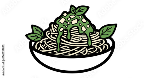 Delicious pasta dish with pesto sauce and basil leaves in a bowl.
