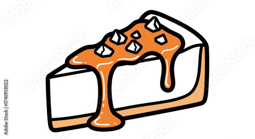 Delicious slice of cheesecake with caramel topping and white sugar cubes.