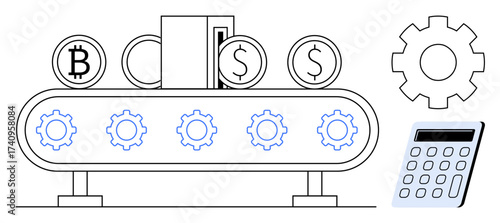 Conveyor belt transforming currency icons thumbs up bitcoin and dollar into outputs, flanked by gears and a calculator. Ideal for fintech, blockchain, automation, budgeting, accounting, economics