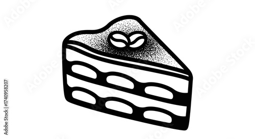 Delicious slice of tiramisu cake with coffee beans on top dessert illustration.
