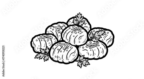 Deliciously arranged black and white dumplings with parsley leaves a culinary delight.