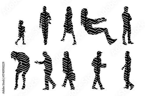Vector illustration, Outline silhouettes of people, Contour drawing, people silhouette, Icon Set Isolated , Silhouette of sitting people, Architectural set