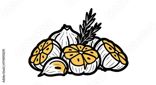 Garlic cloves and bulbs with rosemary sprig fresh healthy food illustration.