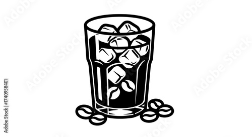 Iced coffee with ice cubes and coffee beans refreshing drink.