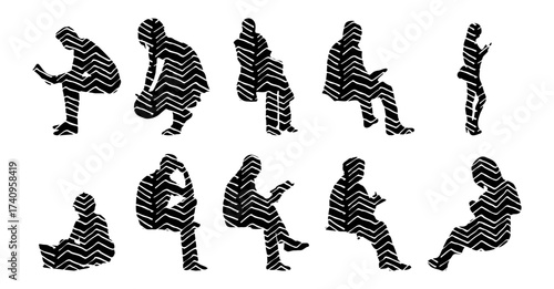 Vector illustration, Outline silhouettes of people, Contour drawing, people silhouette, Icon Set Isolated , Silhouette of sitting people, Architectural set