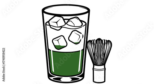 Iced Matcha Latte with Whisk and Ice Cubes Illustration.