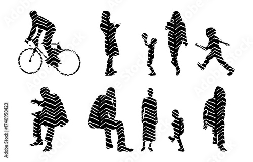 Vector illustration, Outline silhouettes of people, Contour drawing, people silhouette, Icon Set Isolated , Silhouette of sitting people, Architectural set