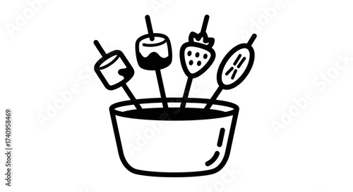 Marshmallows strawberry and banana skewers in a bowl dessert food illustration.