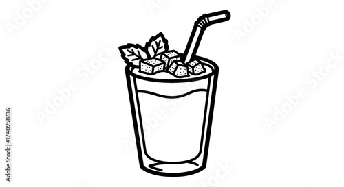 Refreshing drink with ice cubes and mint leaves a summer beverage.
