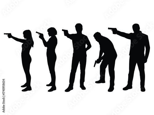 Vector illustration set of five diverse people silhouettes aiming handguns scalable eps icon for design projects silhouette vector illustration white background