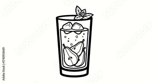 Refreshing pear cocktail with ice and mint garnish in a tall glass.