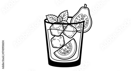 Refreshing drink with ice cubes mint leaves and fruit slices.