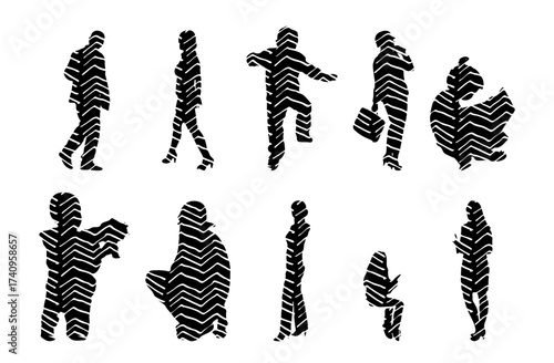 Vector illustration, Outline silhouettes of people, Contour drawing, people silhouette, Icon Set Isolated , Silhouette of sitting people, Architectural set