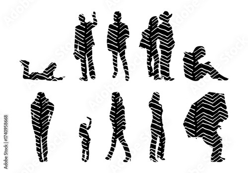 Vector illustration, Outline silhouettes of people, Contour drawing, people silhouette, Icon Set Isolated , Silhouette of sitting people, Architectural set