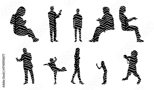 Vector illustration, Outline silhouettes of people, Contour drawing, people silhouette, Icon Set Isolated , Silhouette of sitting people, Architectural set