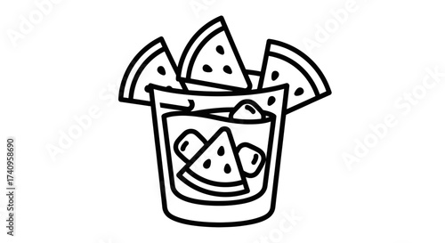 Refreshing watermelon drink with ice cubes and fruit slices summer beverage.
