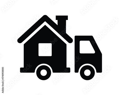Scalable vector eps icon of a house on wheels representing moving and relocation services silhouette vector illustration white background