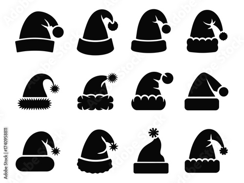 Collection of 15 diverse black silhouette illustrations of santa hats ready for festive design projects silhouette vector illustration white background